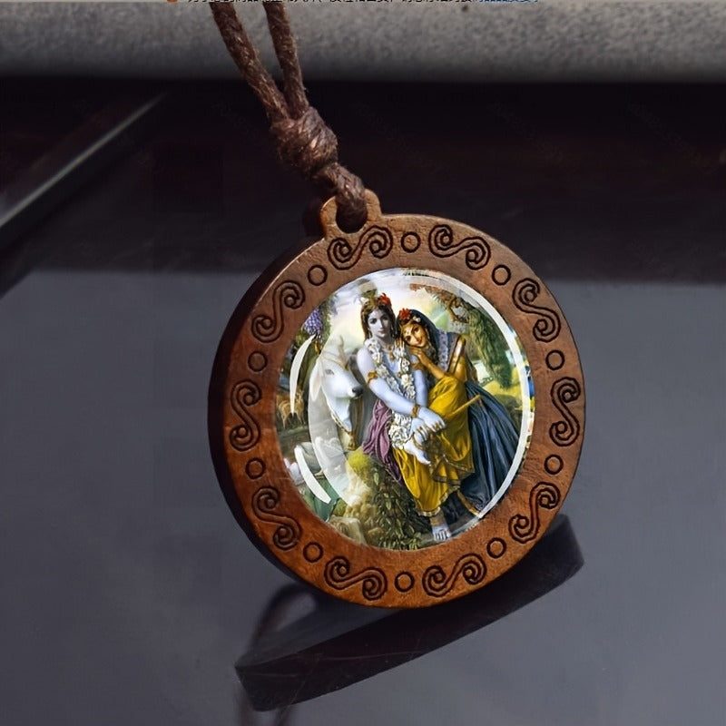 Radha and Krishna Wooden Pendant Necklace – Sacred Hindu Spiritual Jewelry for Love, Devotion & Inner Peace Radha 与 Krishna 木质吊坠项链 —— 象征爱、奉献与内在平静的神圣印度教灵性饰品