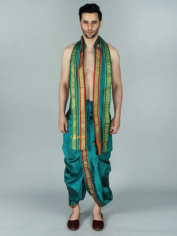 Ready to Wear Dhoti and Angavastram Set with Woven Golden Border