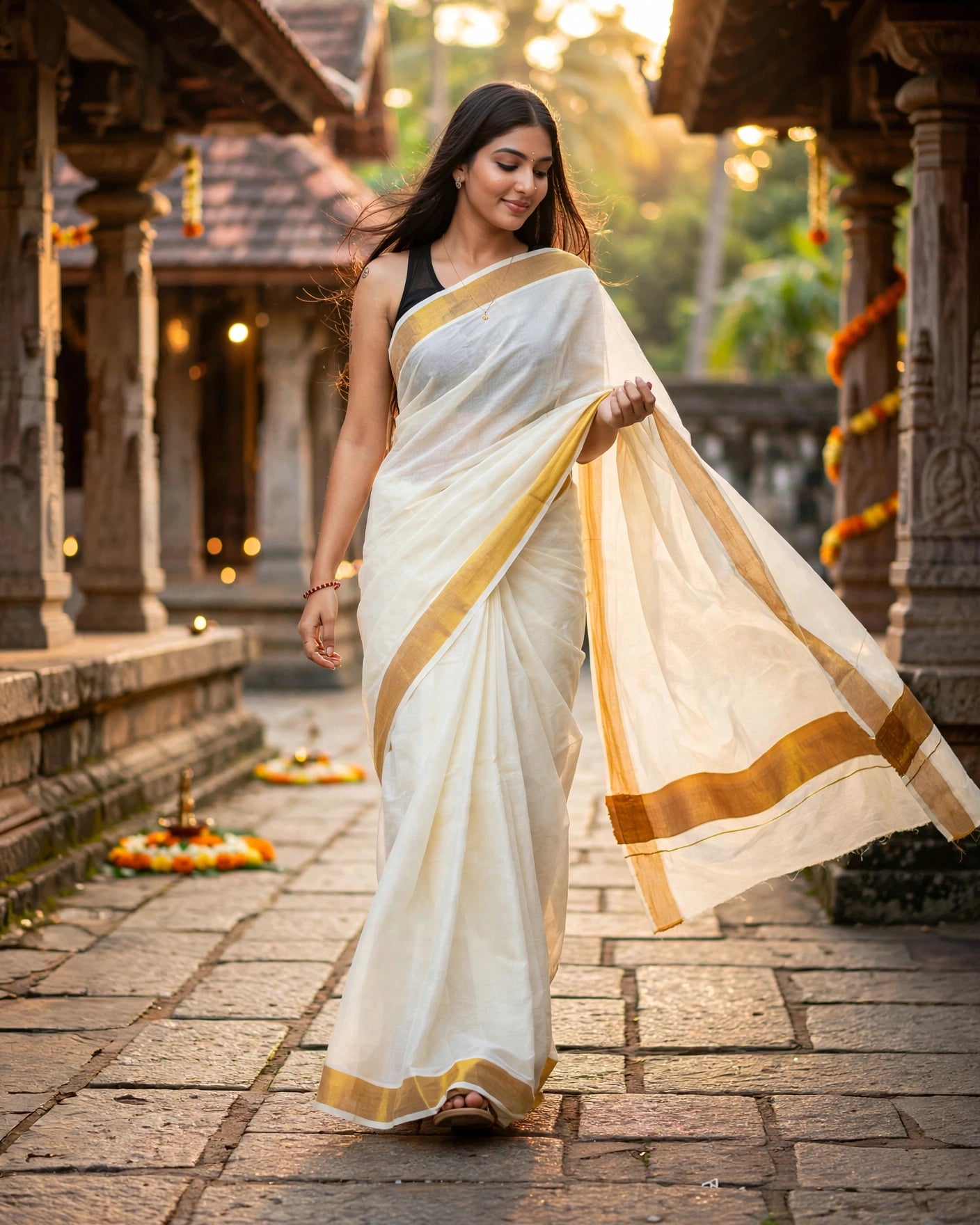 A woman wearing a white saree with gold borders walks through a stone corridor at sunset. The saree has a black blouse underneath, and the background features warm lighting and traditional architectural details.