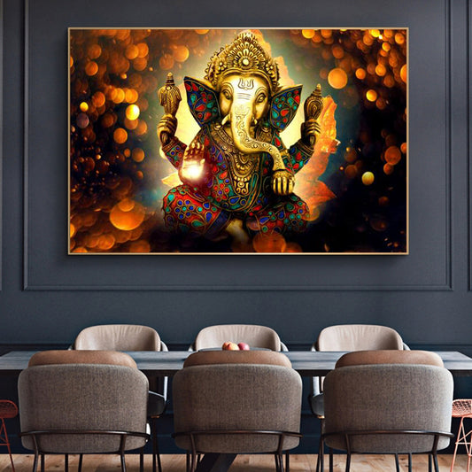 Ganesha Wall Art – Hindu Elephant God Canvas Painting for Removing Obstacles & Bringing Prosperity 象神壁画｜印度教甘尼萨装饰画 · 移除障碍 · 带来吉祥与顺流
