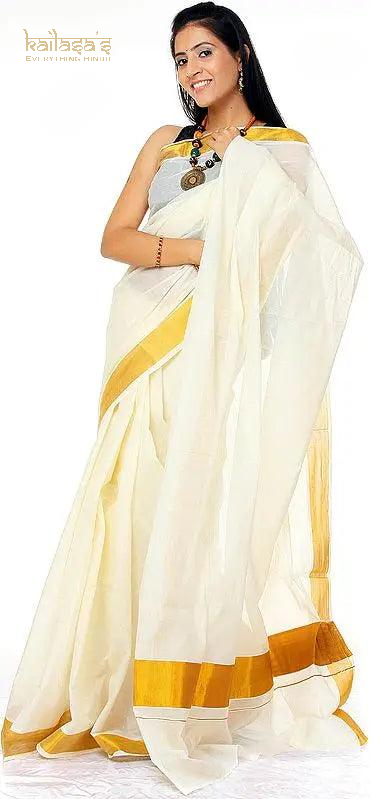 Ivory Kasavu Puja Sari from Kerala with Golden Border