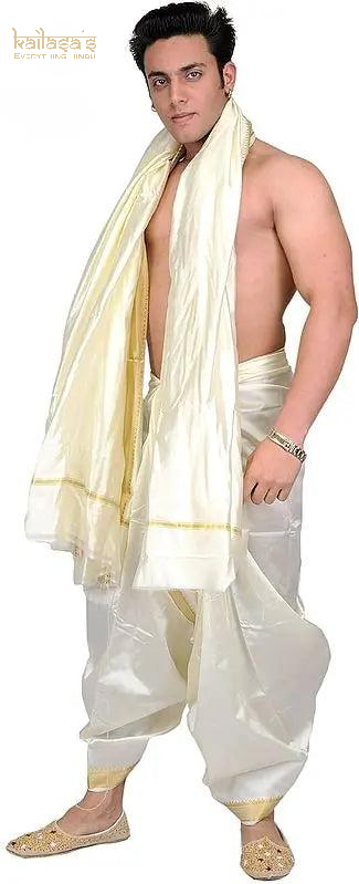 Cream Dhoti and Angavastram with Golden Woven Border
