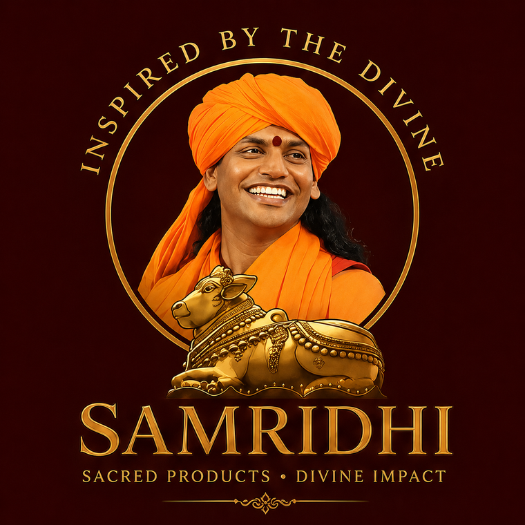 A square promotional graphic for Samridhi Sacred Products, featuring a smiling man in an orange turban and dhoti within a gold circular frame, with a gold cow statue in front. The text reads 'INSPIRED BY THE DIVINE' and 'SAMRIDHI SACRED PRODUCTS • DIVINE IMPACT' on a dark maroon background.