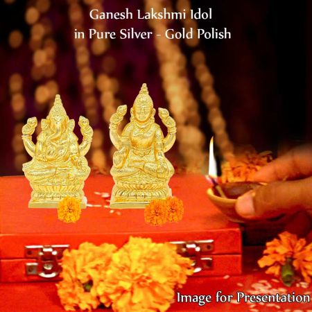 Ganesh Lakshmi Idol in Pure Silver - Gold Polish
