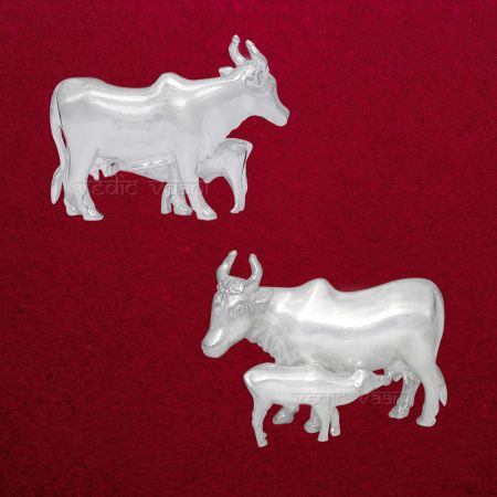 Lucky Cow with Calf Idol in Silver