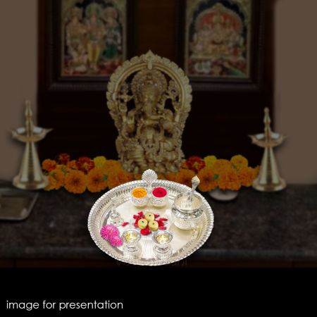 Flower Design Pooja Thali in Pure Silver with Bell, Diya, Kalash and Dibbi