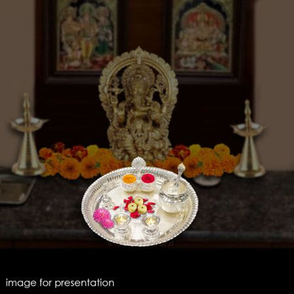 Flower Design Pooja Thali in Pure Silver with Bell, Diya, Kalash and Dibbi