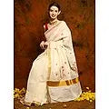 Off White Onam Saree with Golden Border and Traditional Sequined
