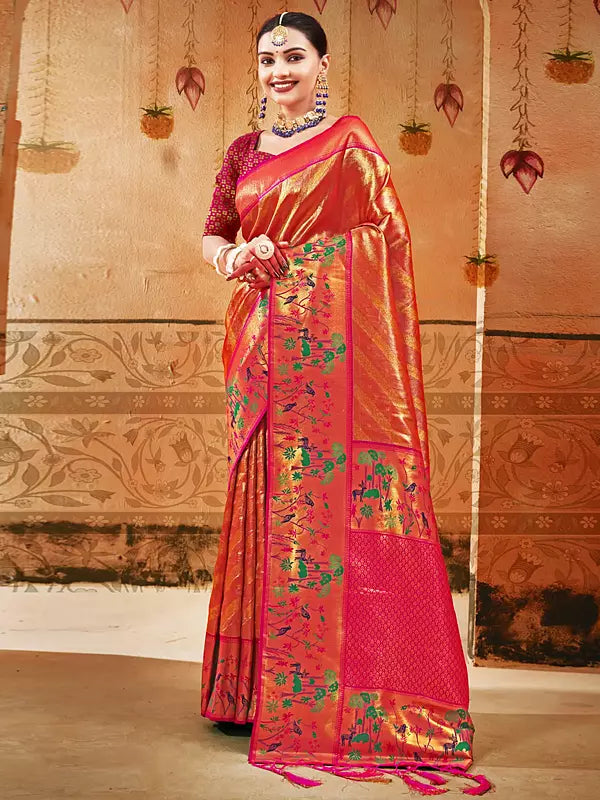 Paithani Silk Traditional Tassel Saree with Forest Pattern in Border and Pallu