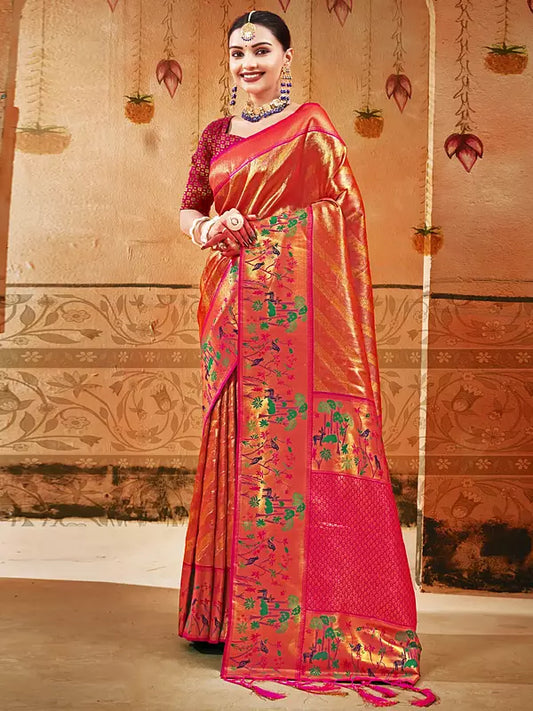 Paithani Silk Traditional Tassel Saree with Forest Pattern in Border and Pallu