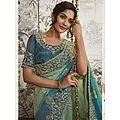 Green-Blue Zari Embroidered Stone Sequins Pure Viscose Tissue Jacquard Saree with Blouse