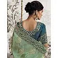 Green-Blue Zari Embroidered Stone Sequins Pure Viscose Tissue Jacquard Saree with Blouse
