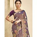 Khadi Silk Embroidered Purple Saree And Flower Motif In Border With Raw Silk Blouse