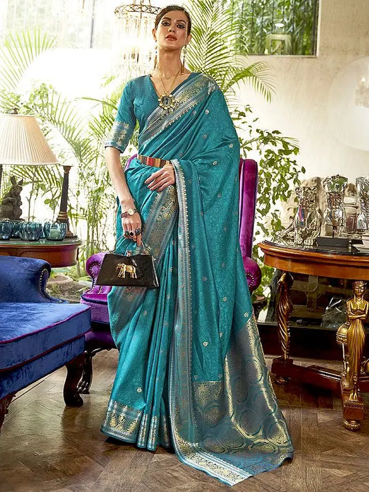 Women's Floral Motifs Handloom Saree With Contrast Zari Border And Blouse