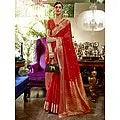 Women's Floral Motifs Handloom Saree With Contrast Zari Border And Blouse