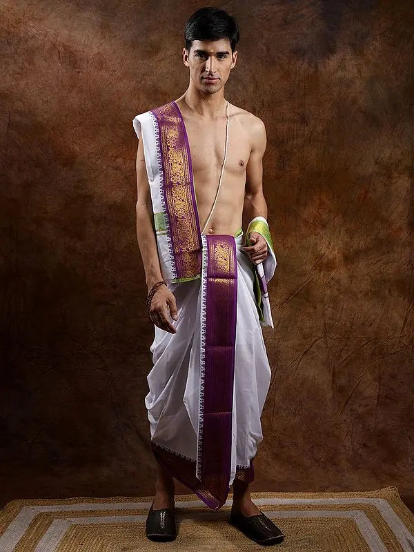 Brilliant-White Dhoti and Angavastram with Zari Wowen Wide Border