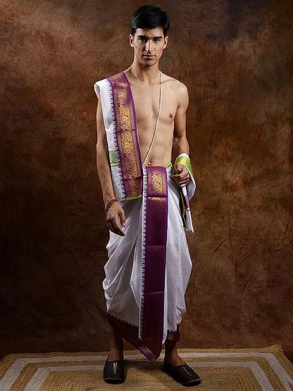 Brilliant-White Dhoti and Angavastram with Zari Wowen Wide Border