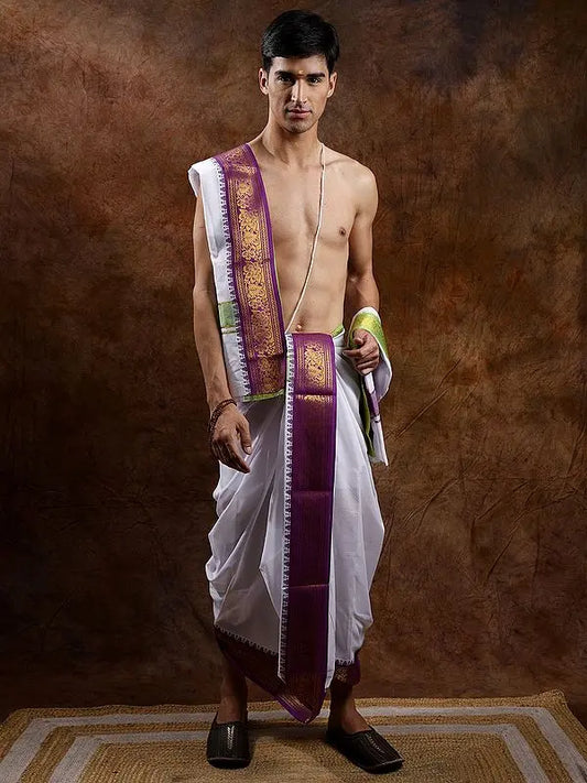 Brilliant-White Dhoti and Angavastram with Zari Wowen Wide Border