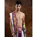 Brilliant-White Dhoti and Angavastram with Zari Wowen Wide Border