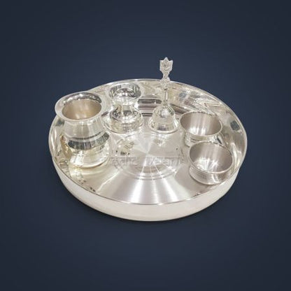 Set of Puja Thali with Bell, Loti, Diya and Katori in Pure Silver