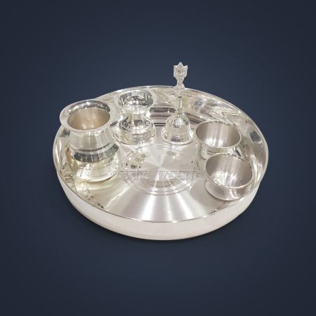 Set of Puja Thali with Bell, Loti, Diya and Katori in Pure Silver