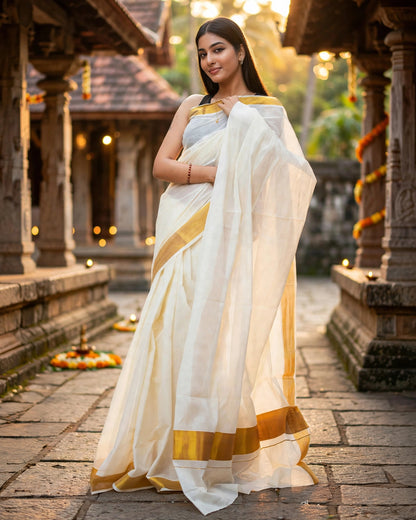 A woman wearing a white silk saree with gold borders and a light blue blouse, standing in a stone corridor with warm lighting.
