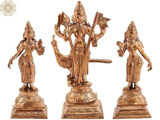 5" Small Bronze Lord Murugan Statue with Devasena and Valli