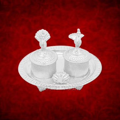 Haldi Kumkum Container with Oval Shape Trey in Pure Silver