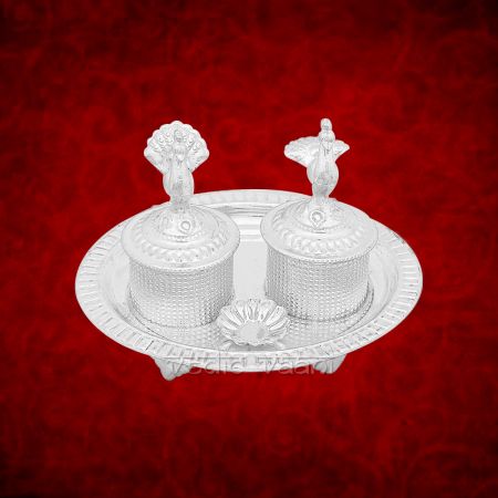 Haldi Kumkum Container with Oval Shape Trey in Pure Silver