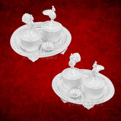 Haldi Kumkum Container with Oval Shape Trey in Pure Silver