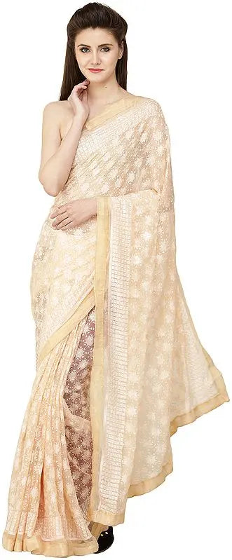 Sari from Punjab with Phulkari Embroidery in Self and Golden Border