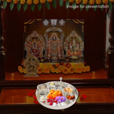 Set of Puja Thali with Bell, Loti, Diya and Katori in Pure Silver
