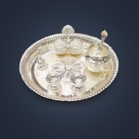 Flower Design Pooja Thali in Pure Silver with Bell, Diya, Kalash and Dibbi
