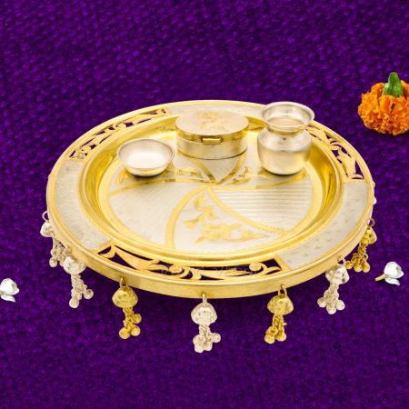 Pooja Thali Set in Silver Gold Polish Finish with Loti and Prasadam Katori