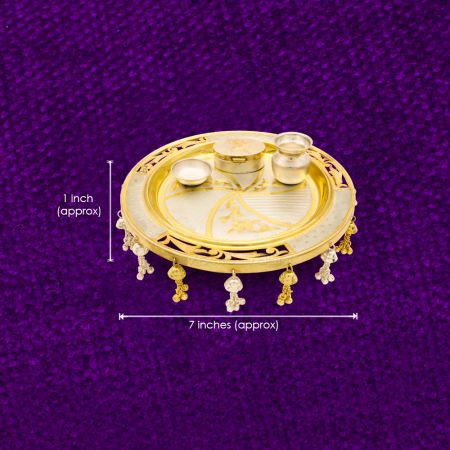 Pooja Thali Set in Silver Gold Polish Finish with Loti and Prasadam Katori