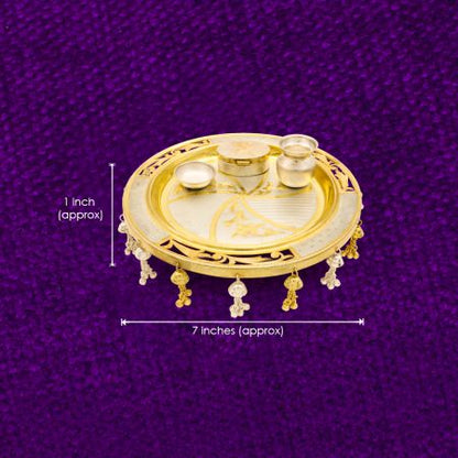Pooja Thali Set in Silver Gold Polish Finish with Loti and Prasadam Katori