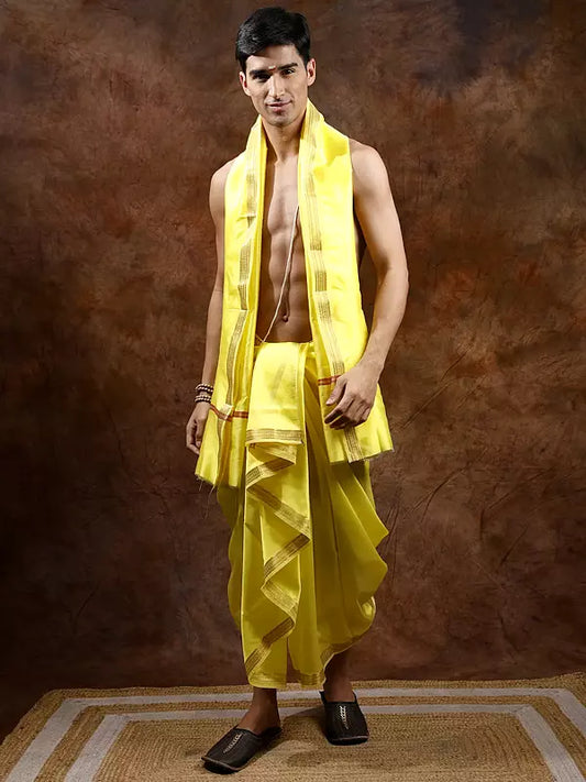 Dhoti and Angavastram set with Golden Woven Paisley on Border