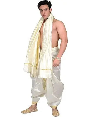 Bright-White Pure Cotton Plain Angavastram with Zari Woven Border