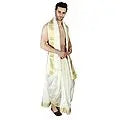 Cream Dhoti and Angavastram with Golden Woven Border