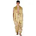 Ready to Wear Dhoti and Angavastram Set with Meenakari Woven Golden Border