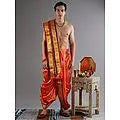 Ready to Wear Dhoti and Angavastram Set with Meenakari Woven Golden Border