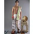 Ready to Wear Dhoti and Angavastram Set with Meenakari Woven Golden Border