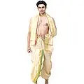 Ready to Wear Dhoti and Angavastram Set with Woven Golden Leaves Border