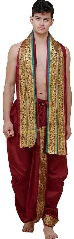 Ready to Wear Dhoti and Angavastram Set with Woven Golden Leaves Border