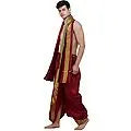 Ready to Wear Dhoti and Angavastram Set with Woven Golden Leaves Border