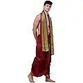 Ready to Wear Dhoti and Angavastram Set with Woven Golden Leaves Border