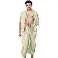 Ready to Wear Dhoti and Angavastram Set with Woven Golden Leaves Border
