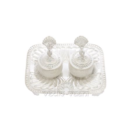 Haldi Kumkum Container with Rectangle Shape Trey in Pure Silver