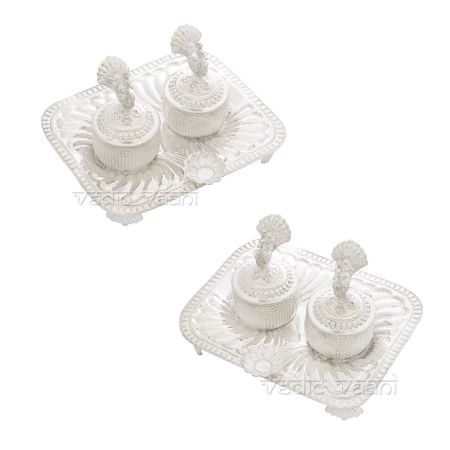 Haldi Kumkum Container with Rectangle Shape Trey in Pure Silver