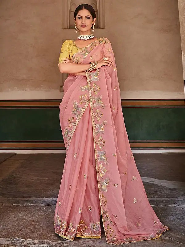 Pink Organza Elephant-Bird Motif Saree with Art Silk Yellow Blouse and Zari, Mirror, Thread Embroidery